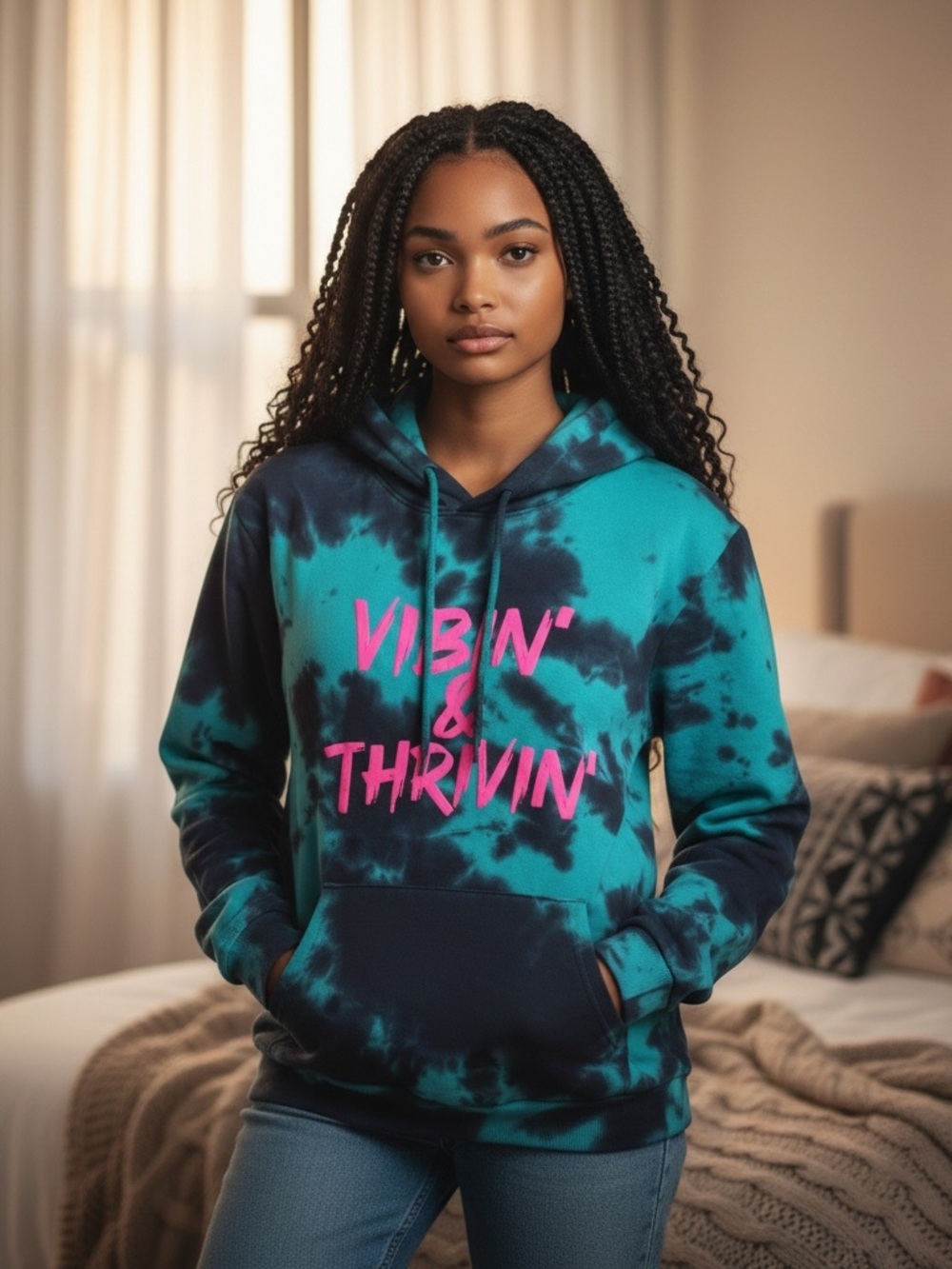 Fashion Nova Teal & Black Tie-Dye Hoodie with Pink 'VIBIN' & THRIVIN' Graphic